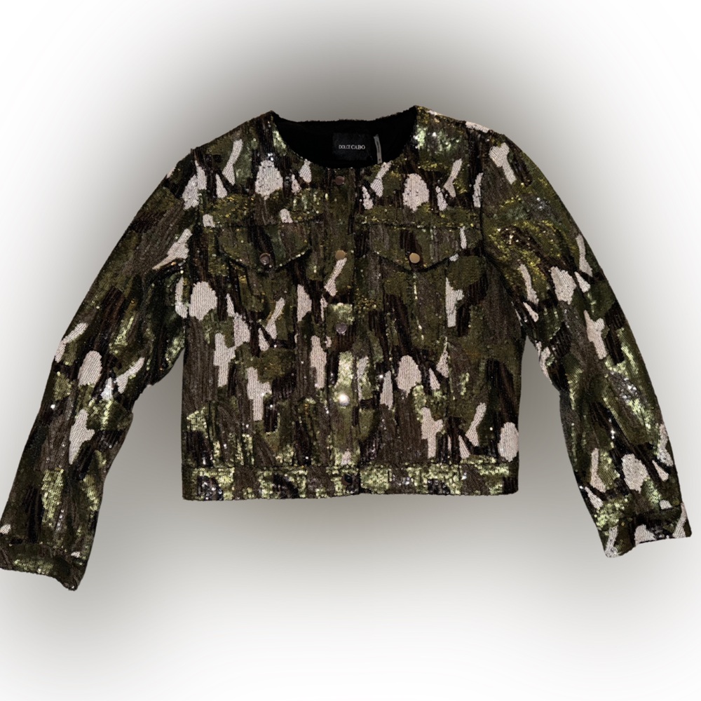 Y2K sequin camo button up cropped jacket, sequin camo bomber jacket dolce Cabo